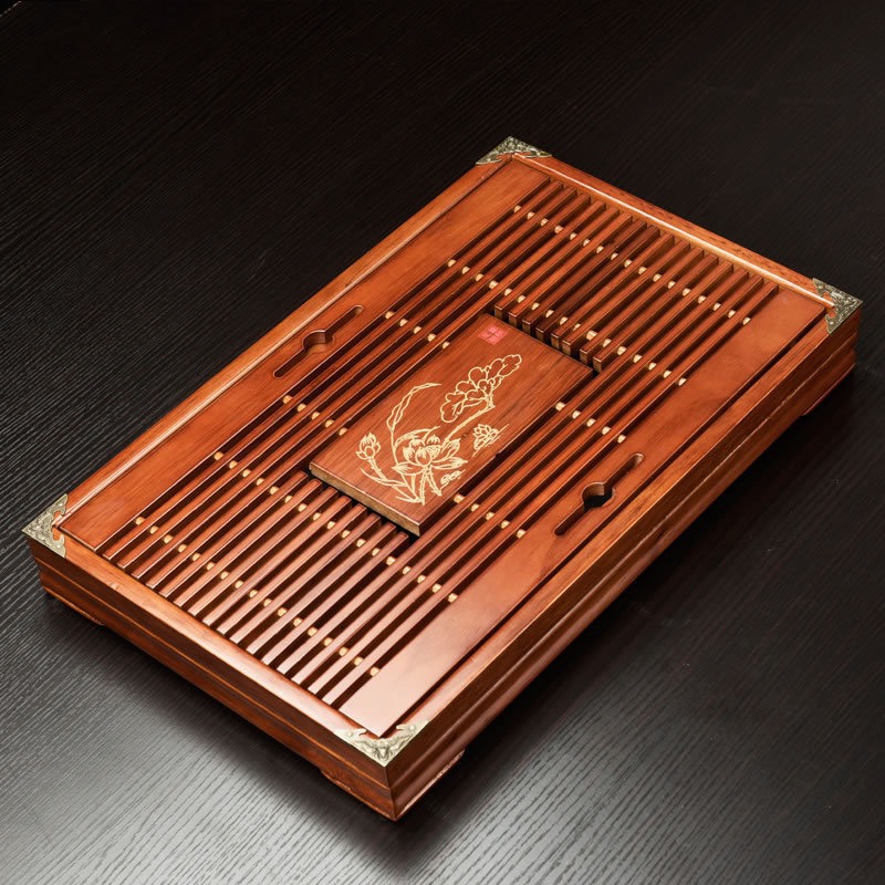 Khay Trà Gỗ Cao Cấp Nẹp Đồng Vân Nổi 4 Góc [Khay Đựng Ấm Chén] - Khay chất liệu gỗ tre cao cấp- Khay đựng ấm chén chất liệu tre ép cao cấp, giả gỗ sang trọng