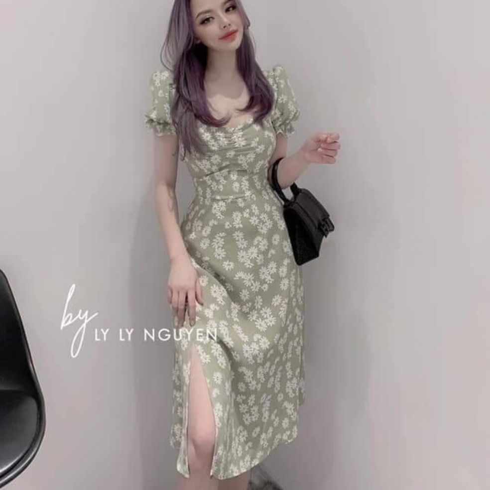 Đầm cúc họa mi tay phồng xẻ tà