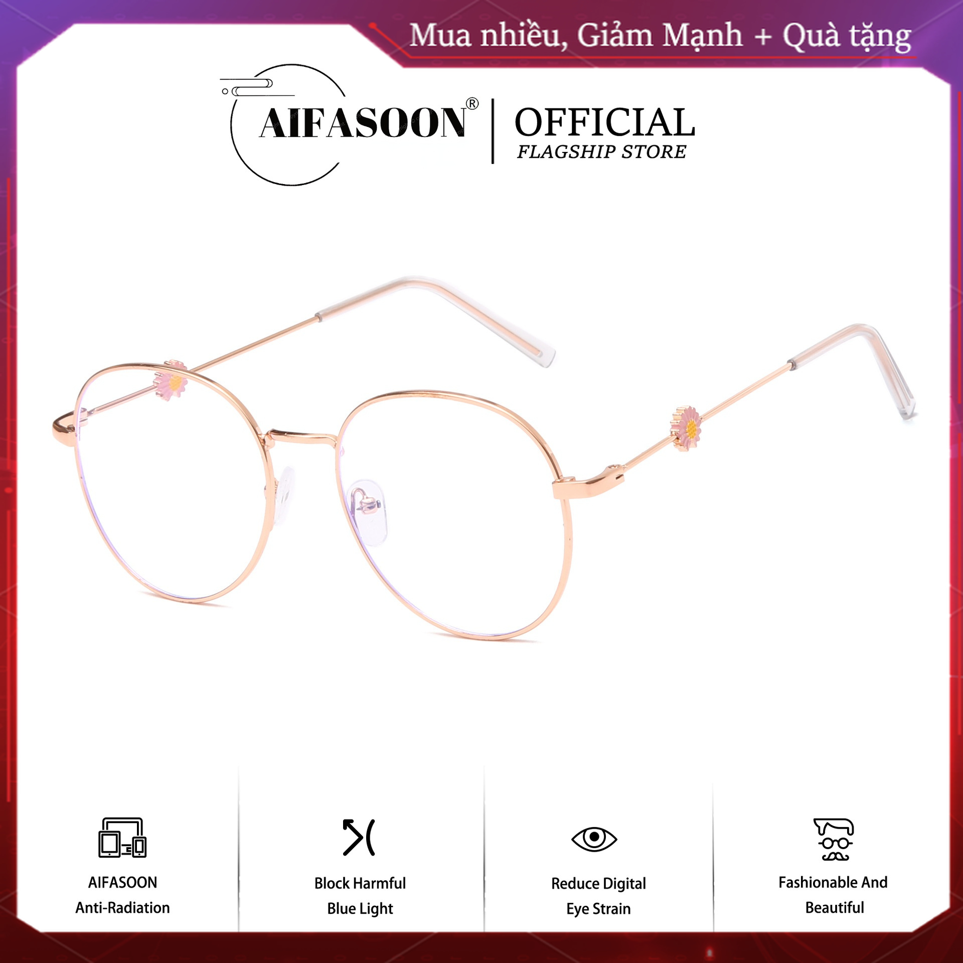 AIFASOON Kính Chắn Sáng Xanh Gương Phẳng Bảo Vệ Bức Xạ Kính Máy Tính Chống Mỏi Kính Gọng Tròn Thời Trang Dễ Thương Văn Học Nghệ Thuật Nhỏ Tươi Gọng Kính Học Sinh Phụ Kiện Cúc UV400