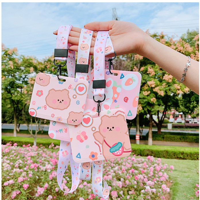 Dây đeo thẻ và bọc thẻ ngang hình gấu thỏ đáng yêu dành cho học sinh nhân viên