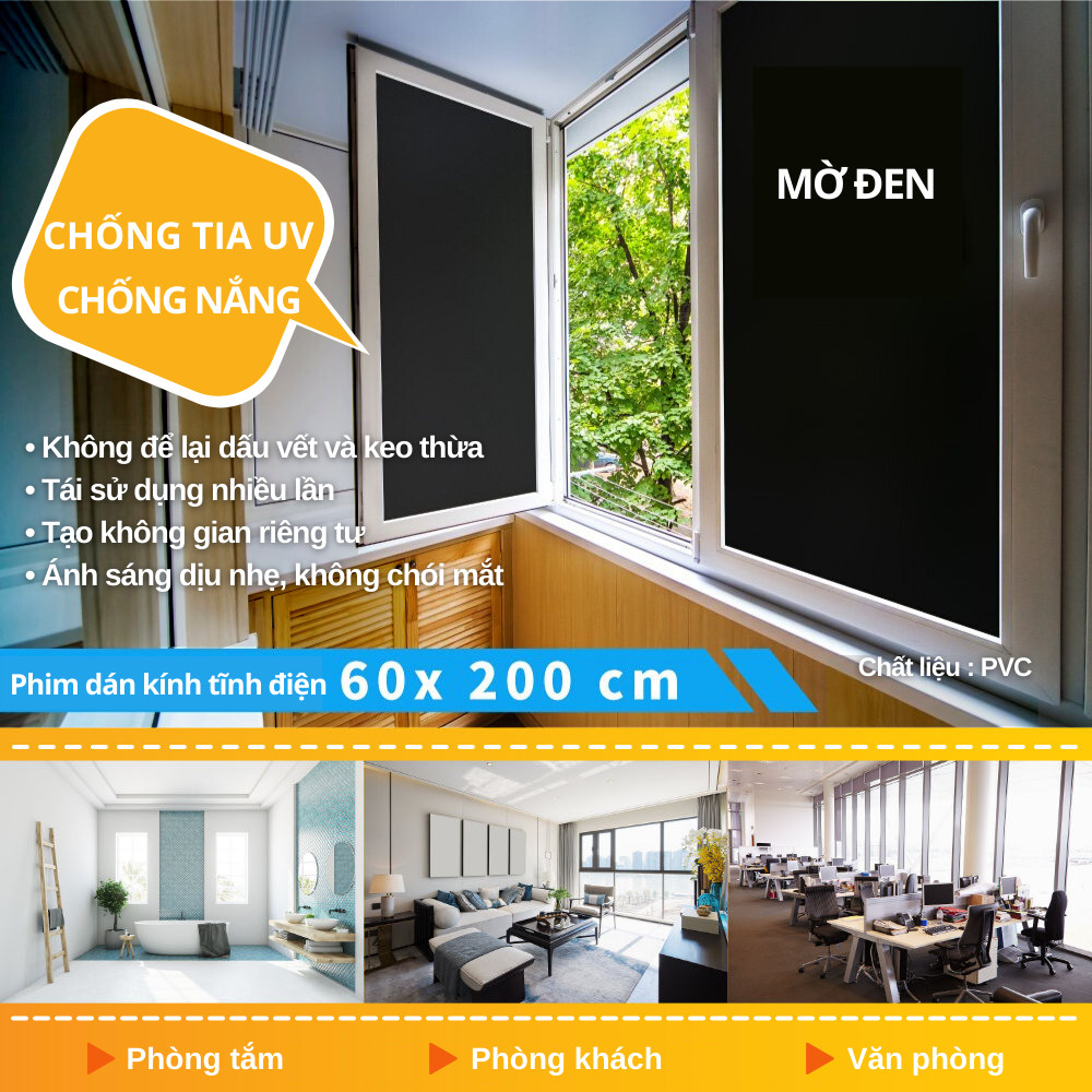Miếng dán kính mờ chống tia UV Đen nhám BLACK GLASS tĩnh điện - có keo sẵn - cách nhiệt chống chói chống lóa DECAL