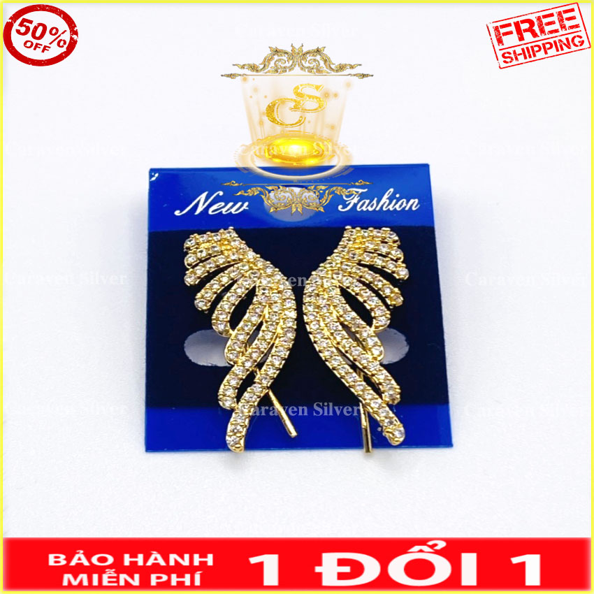 Bông tai nữ mạ vàng 18k kiểu đôi cánh - Đính đá lấp lánh, công nghệ xi hiện đại - Caraven silver - QC38889 - Bông tai vàng,bong tai vang,bông vàng,bong vang,bong tai nu,bông tai nữ