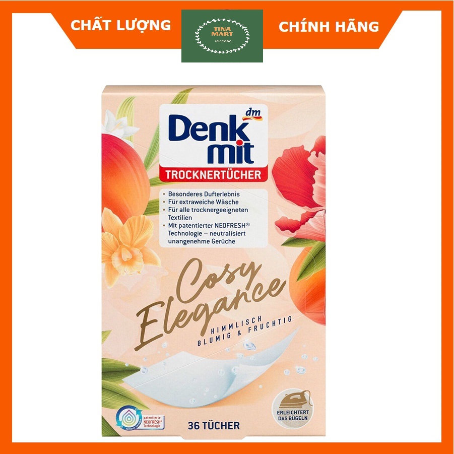 Giấy thơm quần áo Denkmit Cosy Elegance, hương thơm tươi mát, ngọt ngào, giấy thơm dùng cho máy sấy chính hãng Đức