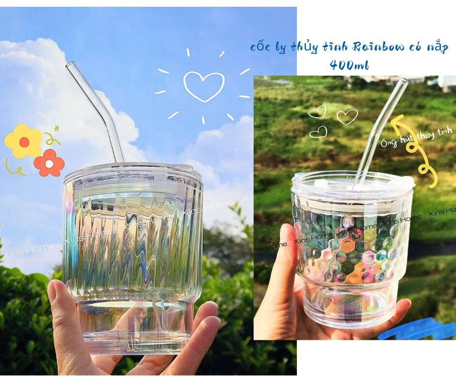 Cốc ly thủy tinh rainbow có nắp ống hút/ ly thủy tinh cốc glass 400ml