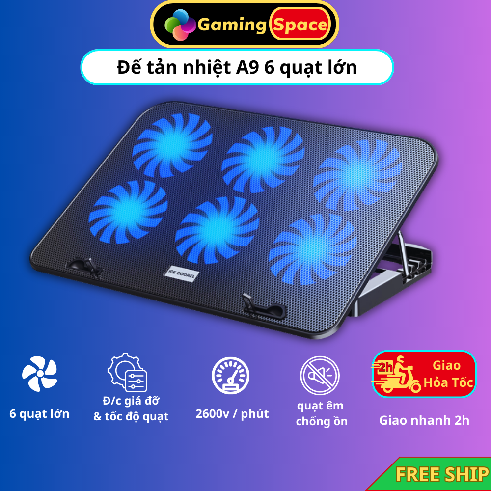 Đế Tản Nhiệt Laptop , Tản Nhiệt Laptop Máy Tính A9 6 quạt lớn có led, để tản nhiệt cho laptop 13 inch đến 17 inch
