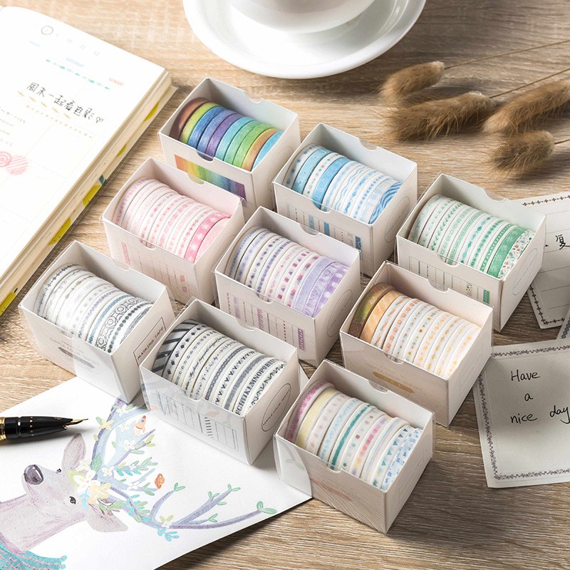Lalunavn Set 10 cuộn băng dính washi nhiều màu sắc dùng trang trí scrapbook/album độc đáo - A03