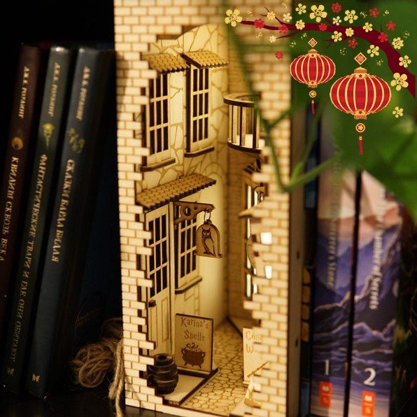 Harry Potter Mô hình Lắp ráp Magic Alley mẫu mới - Hộp chặn sách gỗ thơm có đèn trang trí tết cho năm mới 2022