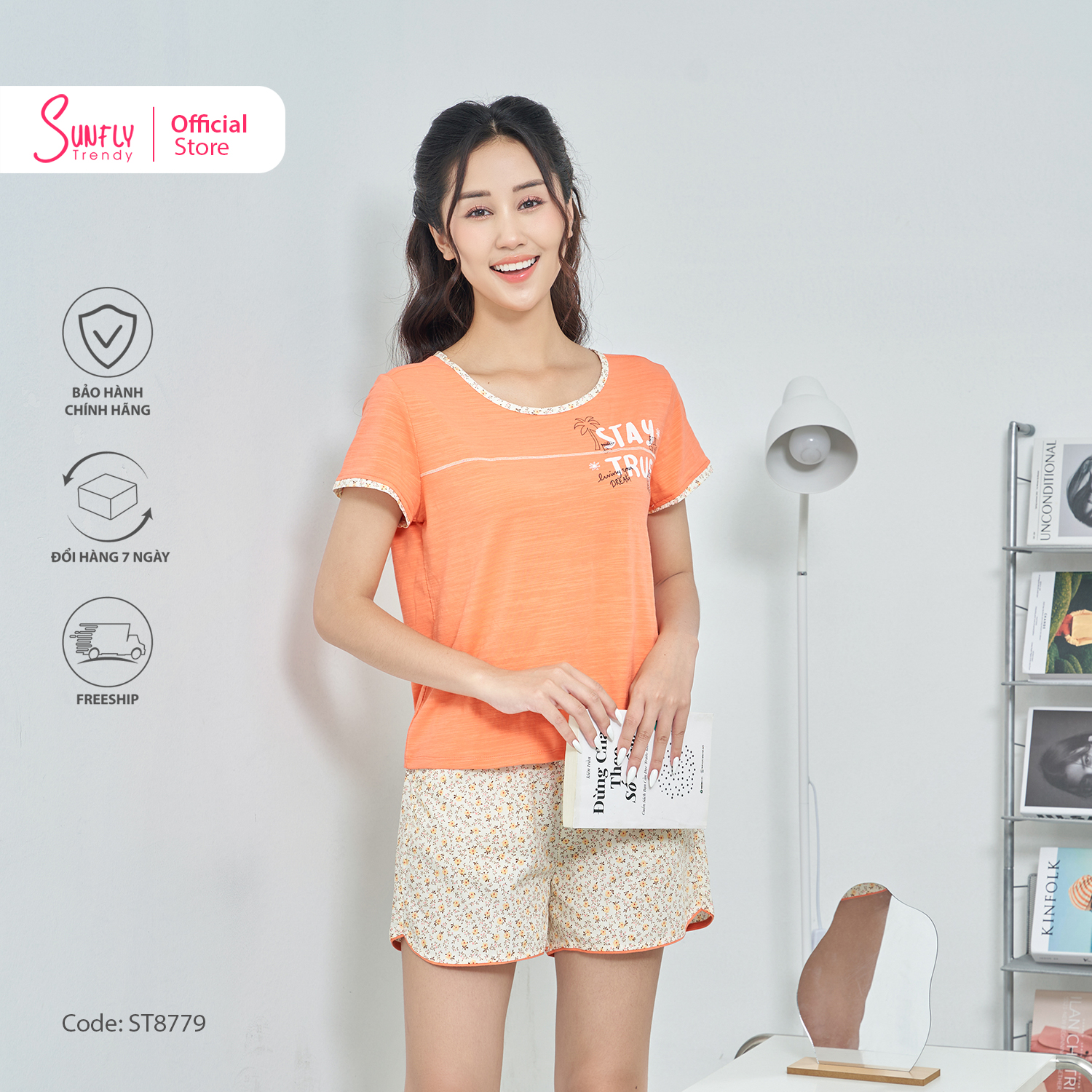 Bộ đồ nữ mặc nhà cotton sunfly áo cộc quần sooc st8779