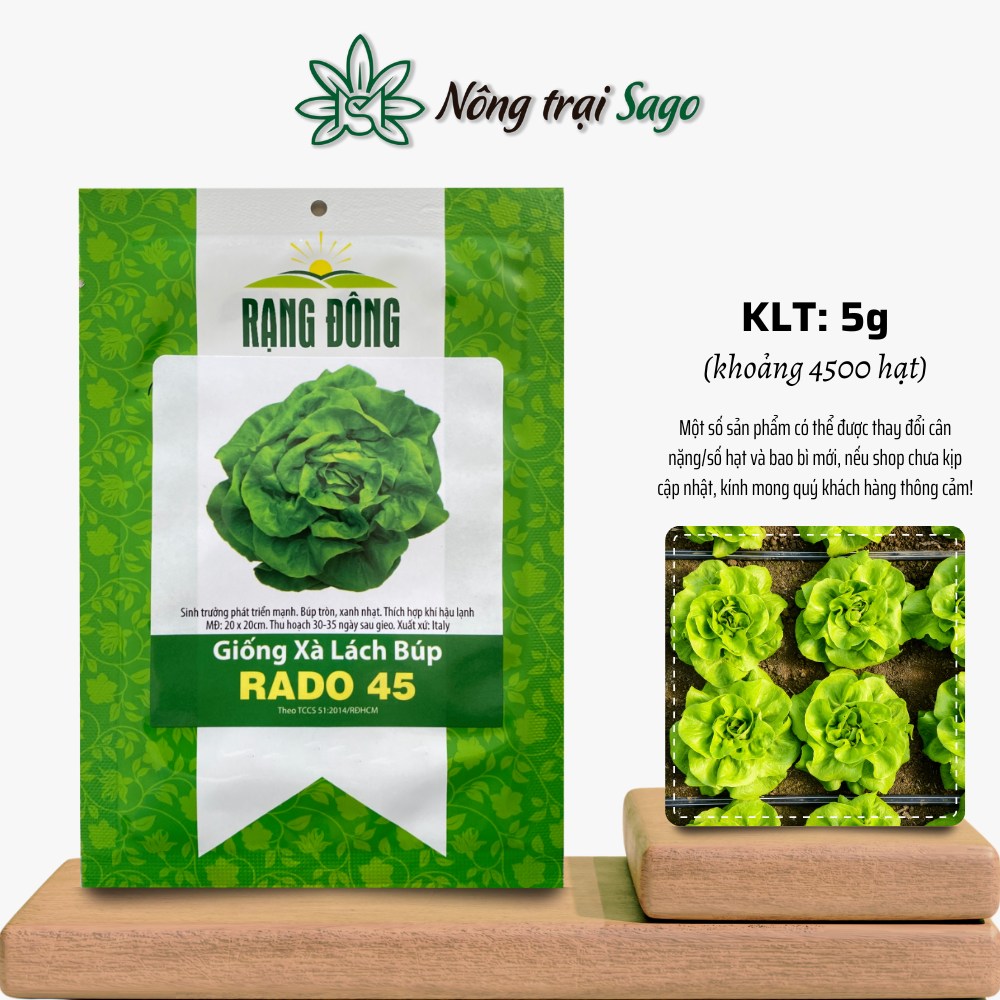 Hạt giống Xà Lách Búp Rado 45 (5g~4500 hạt) sinh trưởng khoẻ, năng suất cao, trồng quanh năm, hiệu Hạt giống Rạng Đông - Nông Trại Sago