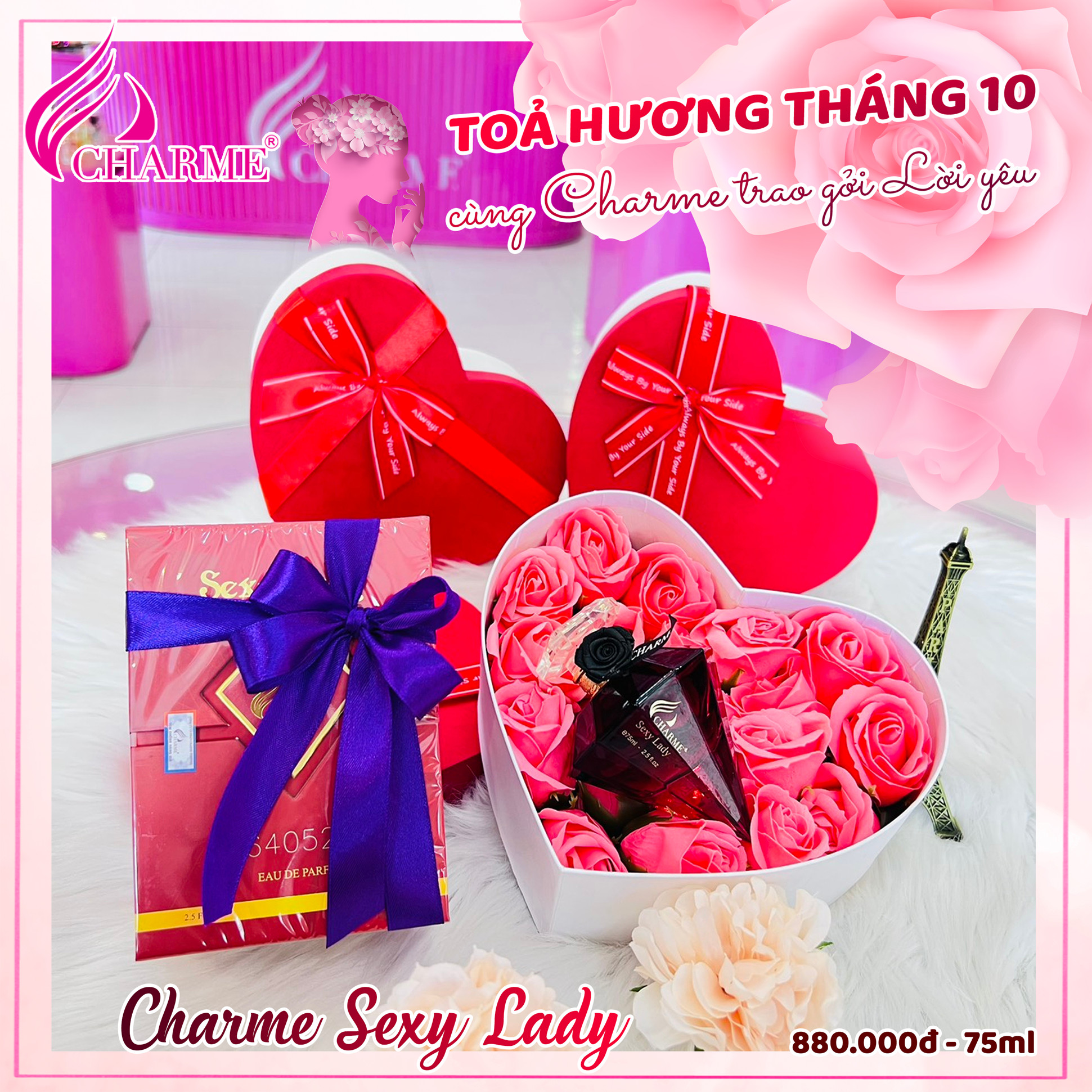 Hộp quà tặng lót hoa hồng đựng nước hoa charme dễ thương tinh tế