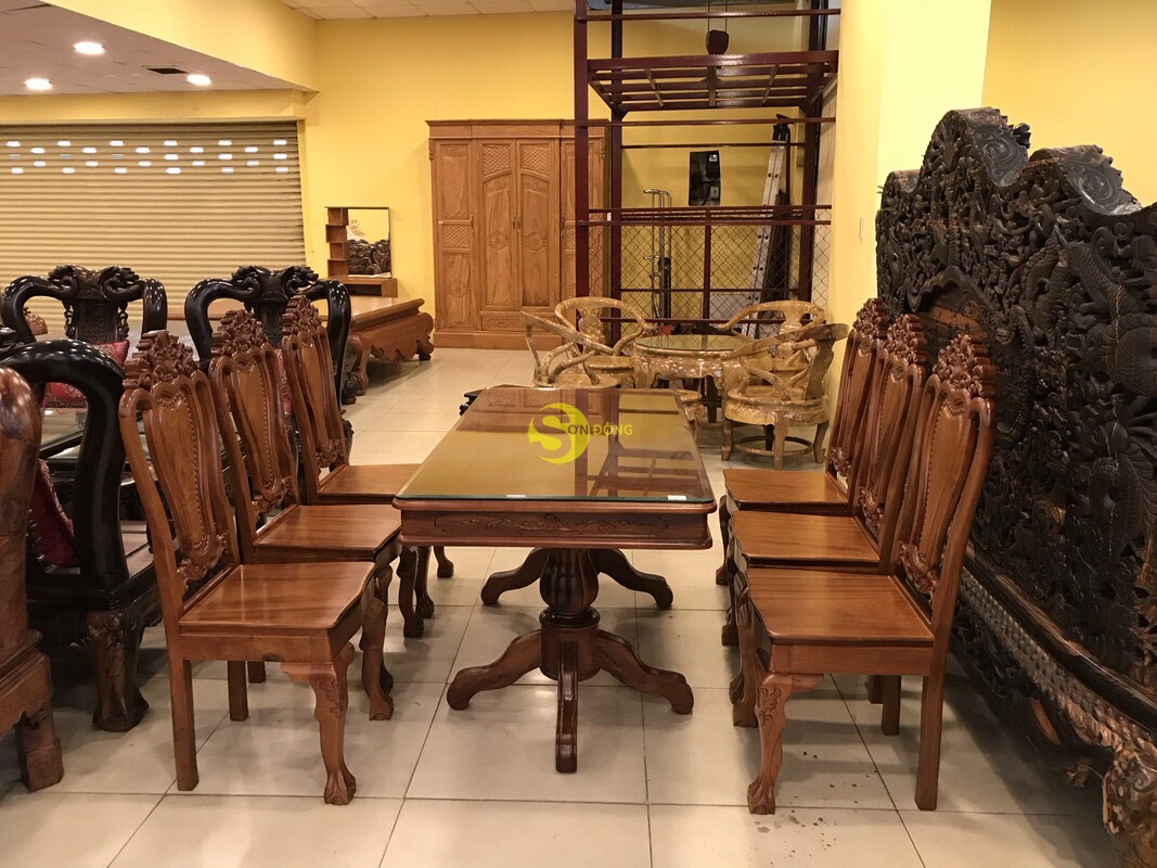 Bộ bàn ăn căm xe 6 ghế hoa lá tây bàn vuông BBA1166V
