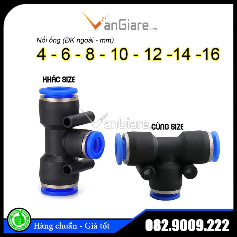 PE khí nén, tê chia ống hơi, chia 3, nối giảm PEG 4mm 6mm 8mm 10mm 12mm 14mm 16mm