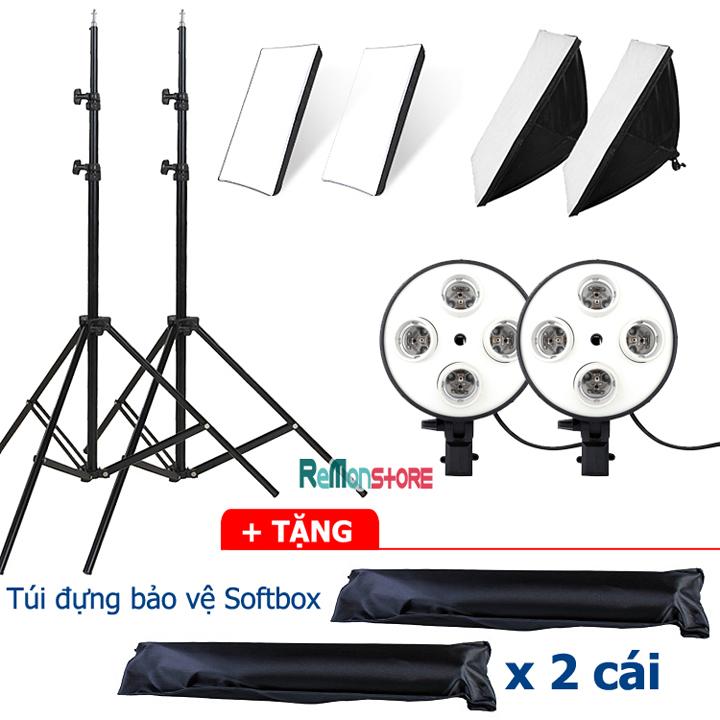 2 softbox đuôi sứ 4 chuôi 50x70cm - 2 chân đèn 2m không bao gồm đèn