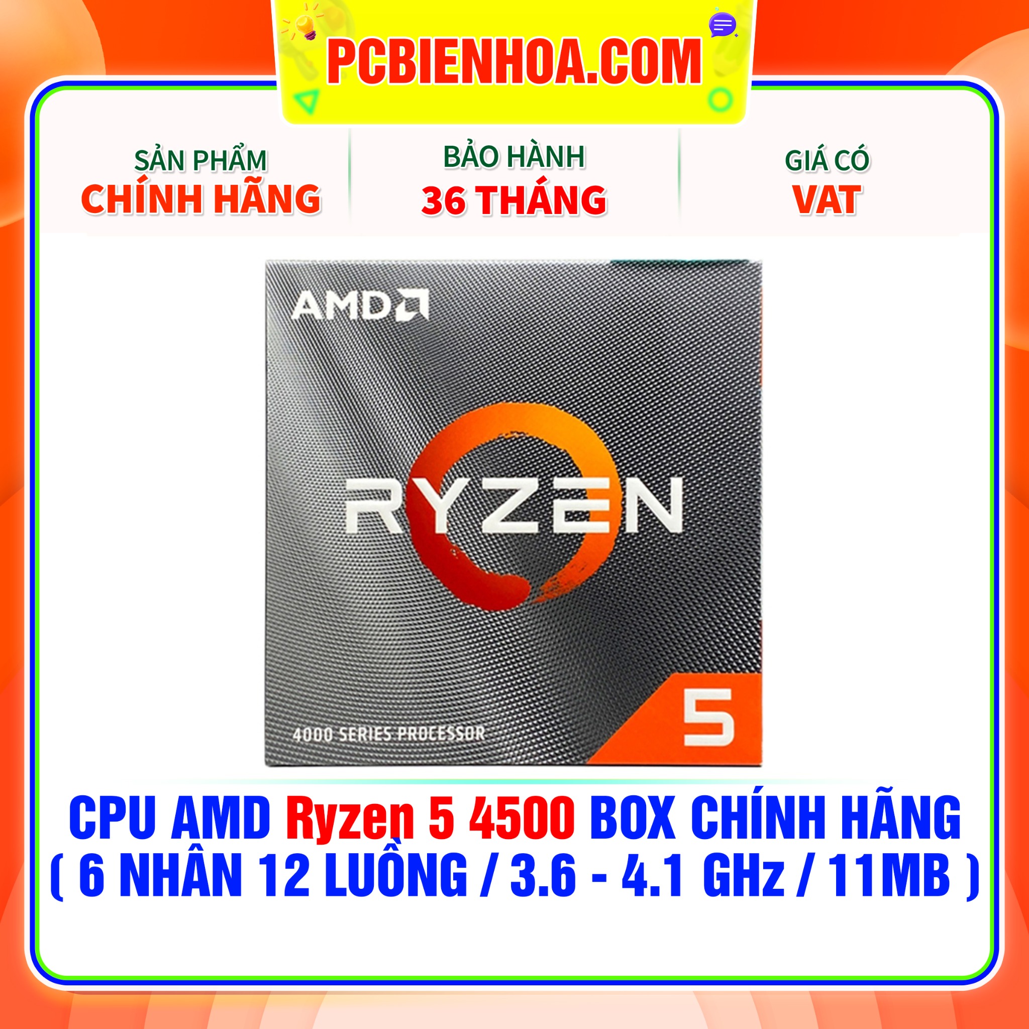 Cpu amd ryzen 5 4500 - am4 - chính hãng mới 100% bảo hành 36 tháng - pcbienhoa