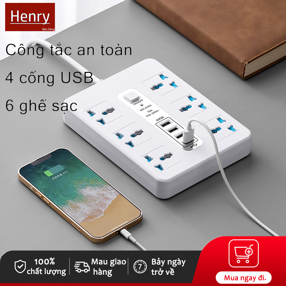 Henry Ổ cắm điện đa năng chống giật chống cháy, ổ điện tích hợp 4 cổng usb dây dài 2m