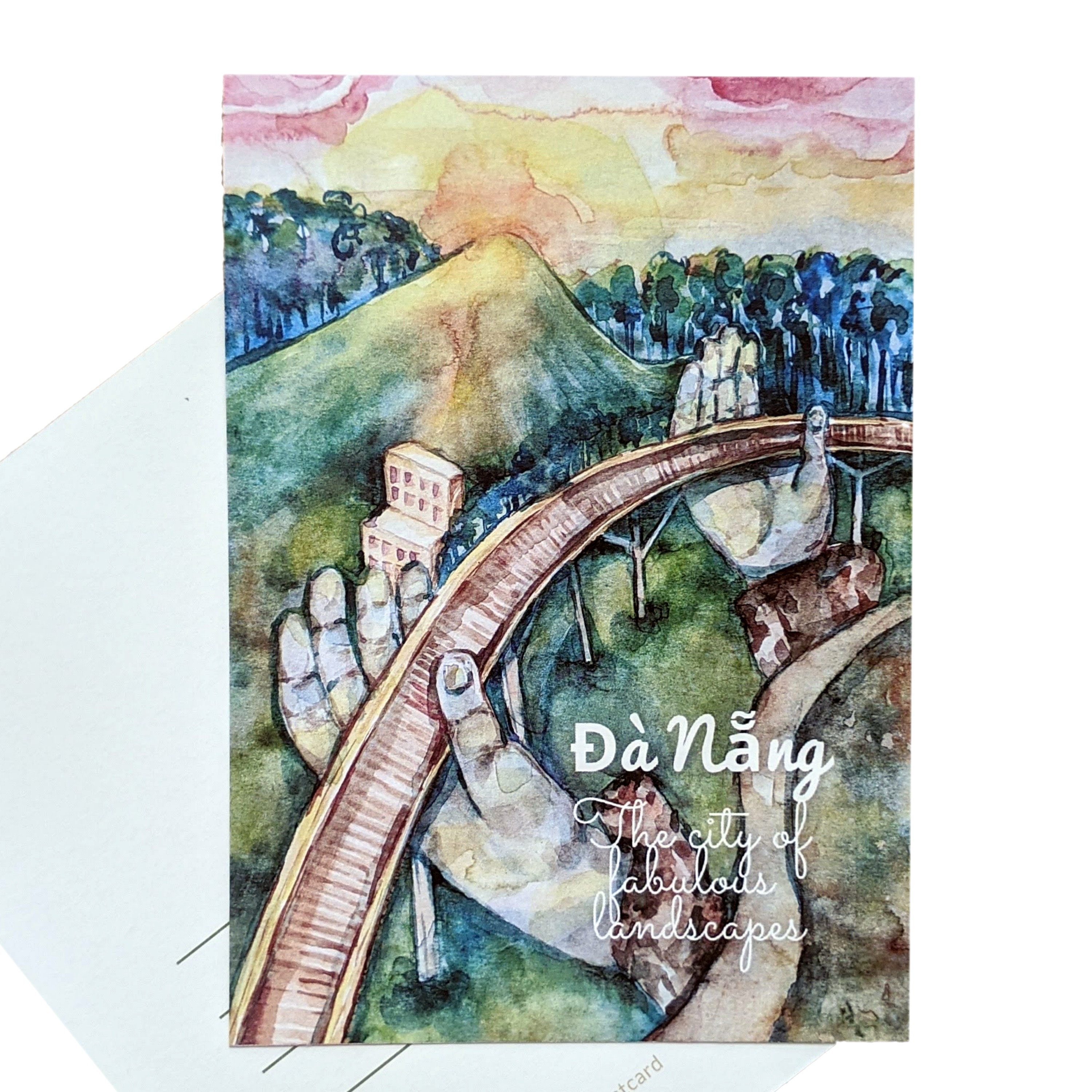 Bưu thiếp "Việt Nam". Đà Nẵng. Bà Nà Hills. Một minh họa truyền thống của Việt Nam. Cảnh quan đẹp. Cầu tay thành phố Đà Nẵng. Một thẻ quà tặng chính gốc từ Việt Nam. Bưu thiếp màu nước.