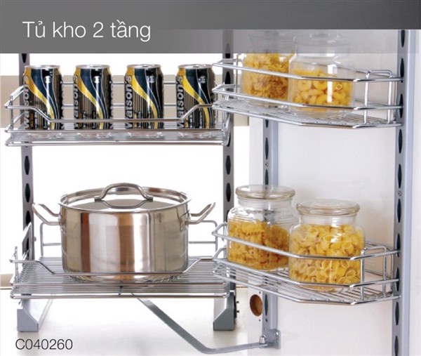 Kệ Inox Tủ kho chứa đồ khô 2 tầng Inox bóng dạng nan hệ cánh mở của hãng Eurogold, hàng nhập khẩu