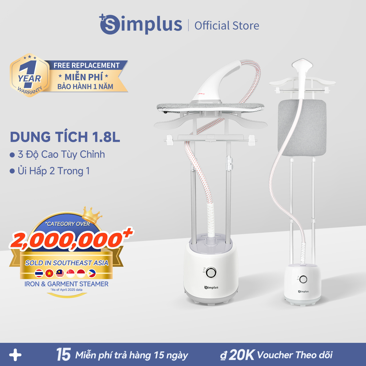[New Arrival] Simplus Bàn ủi hơi nước đứng 2 Thanh đứng Ủi đứng nằm 2 in 1 Bình nước 1.8L GTJH009- Bảo hành 1 năm 1 đổi 1