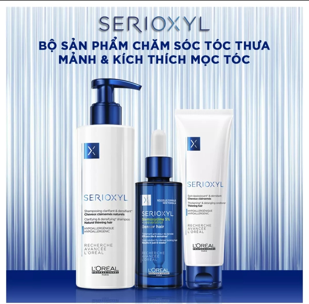Bộ gội xả 250ml, 150ml và tinh chất Loreal Serioxyl dành cho tóc thưa mỏng, giúp tóc dày lên ngay lập tức