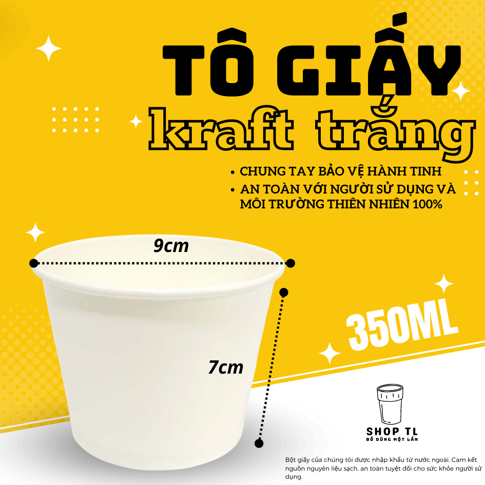 50 cái tô giấy kraft trắng dầy 350ml 1pe 10oz
