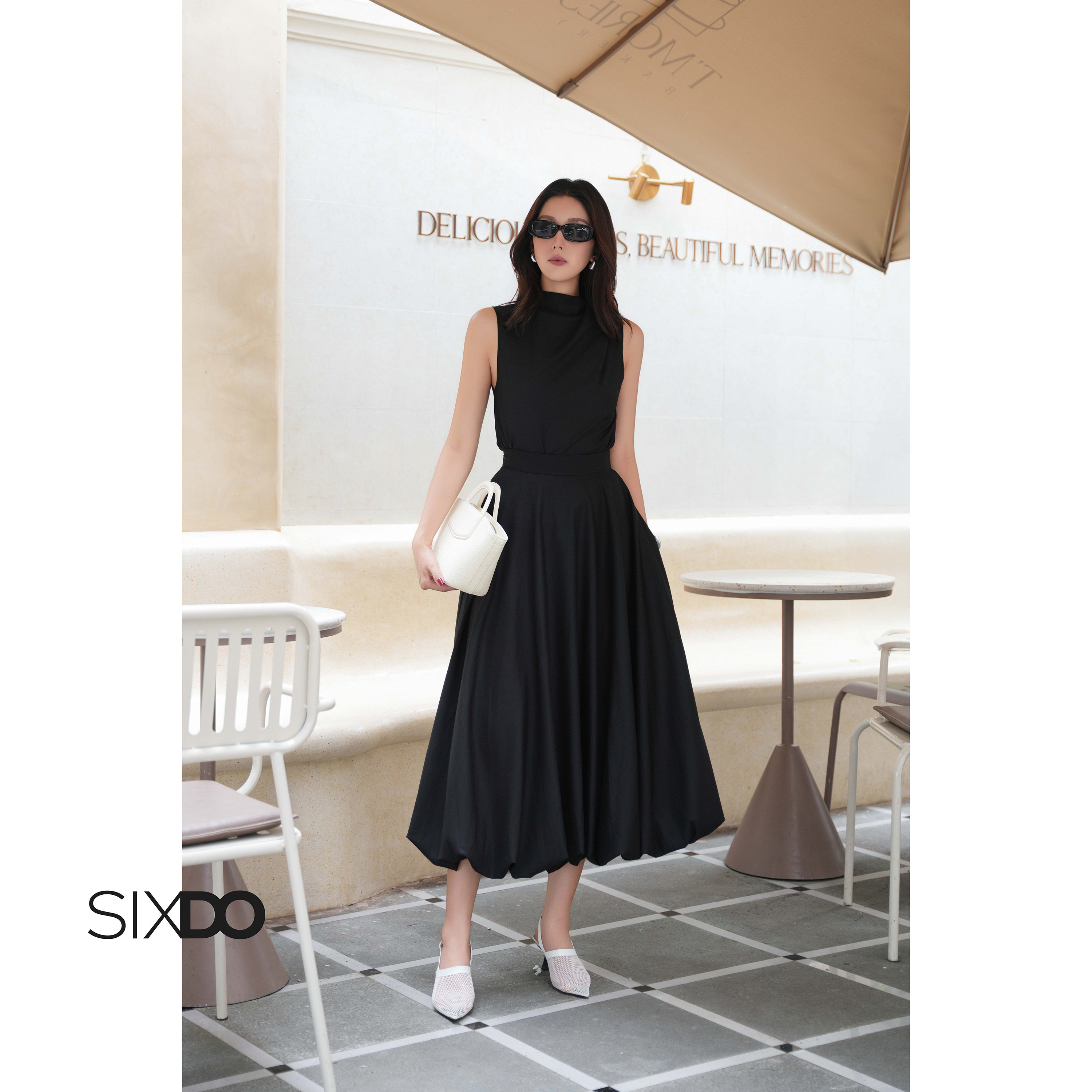  Chân váy dáng bí xòe dài đen trơn SIXDO  Black Woven Flared Skirt  