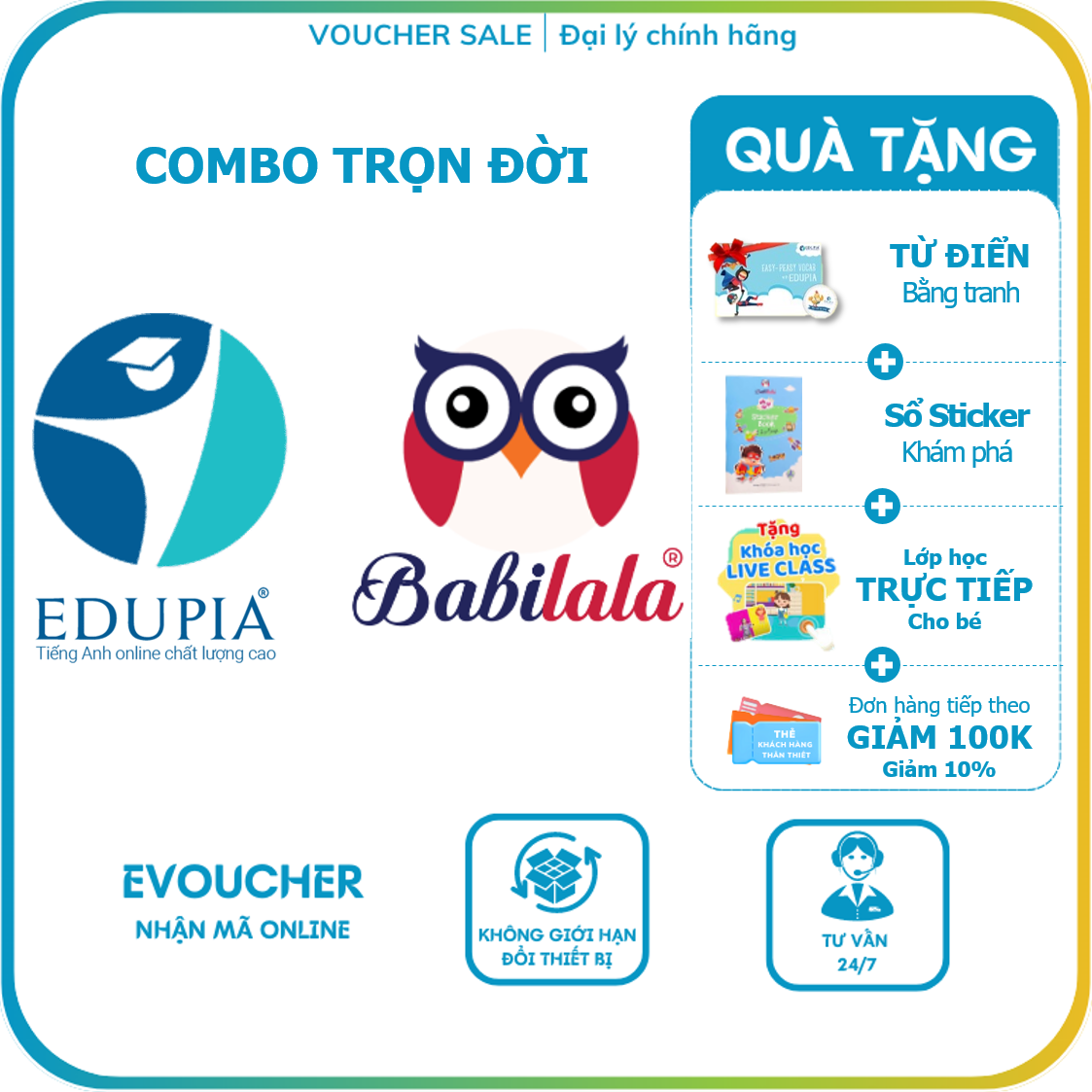 Evoucher Combo TRỌN ĐỜI Babilala (3-8 tuổi) + Edupia (Tiểu học hoặc THCS) - Toàn quốc [Evoucher] - Voucher mã học Tiếng Anh Quốc