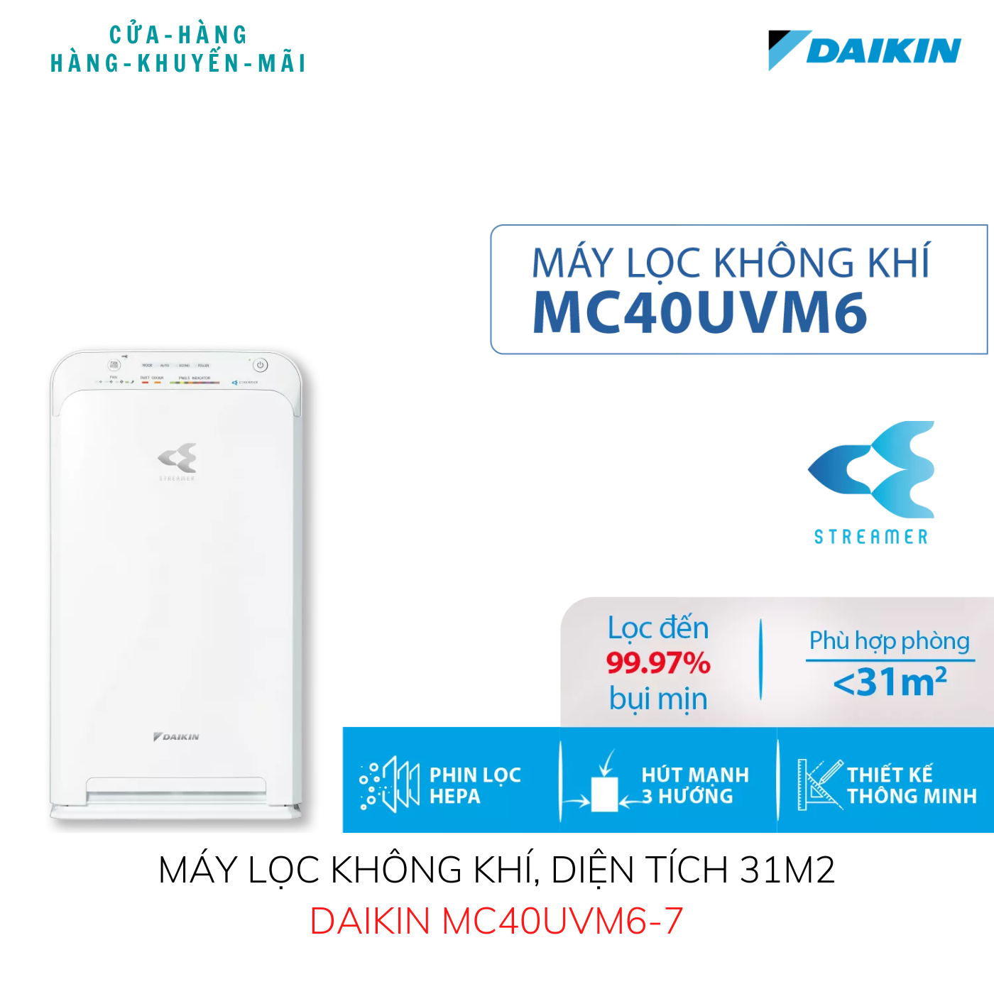 Máy lọc không khí daikin mc40uvm6-7, diện tích sử dụng 31m2 - công nghệ streamer độc quyền - hàng chính hãng