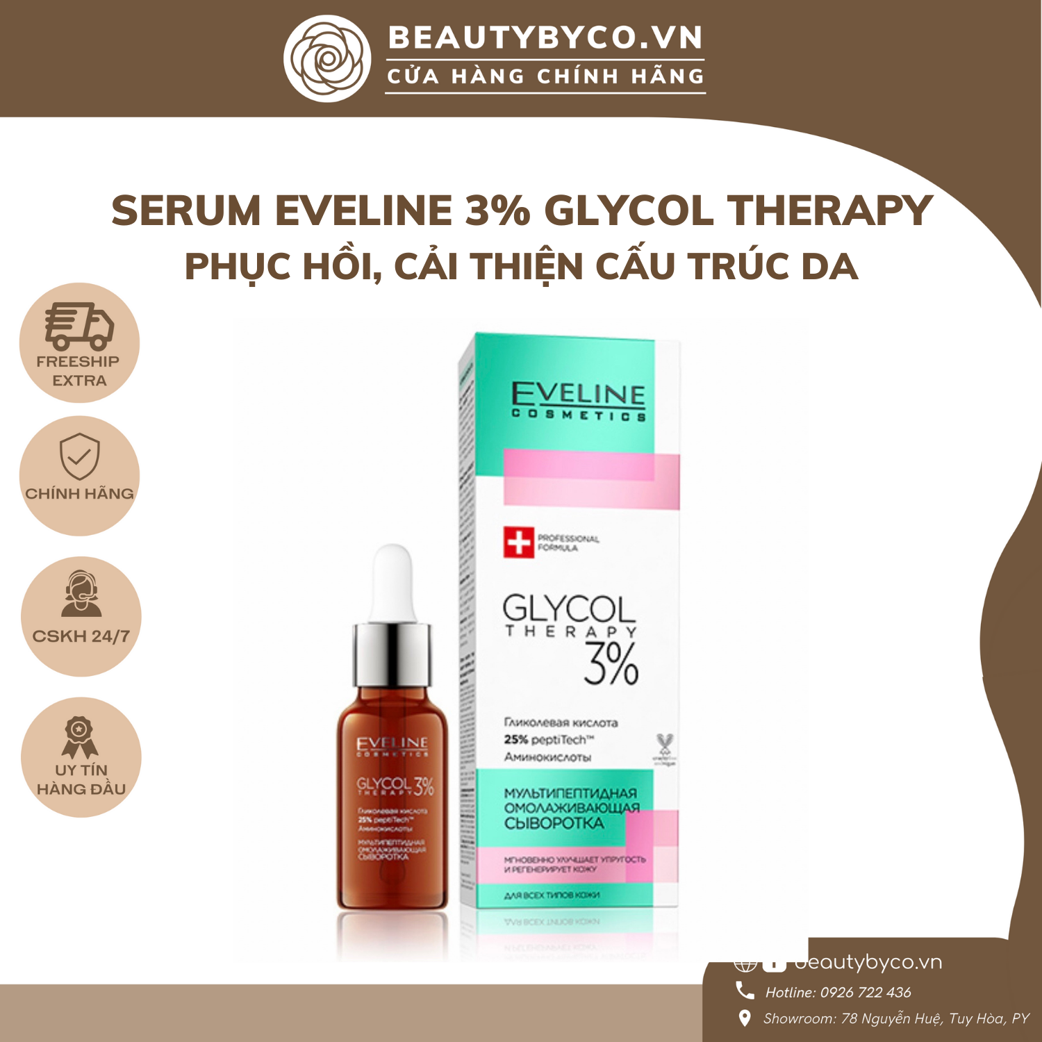 Serum EVELINE 3% Glycol Therapy 25% Peptides + 3% Glycolic acid trẻ hóa da - Beautybyco