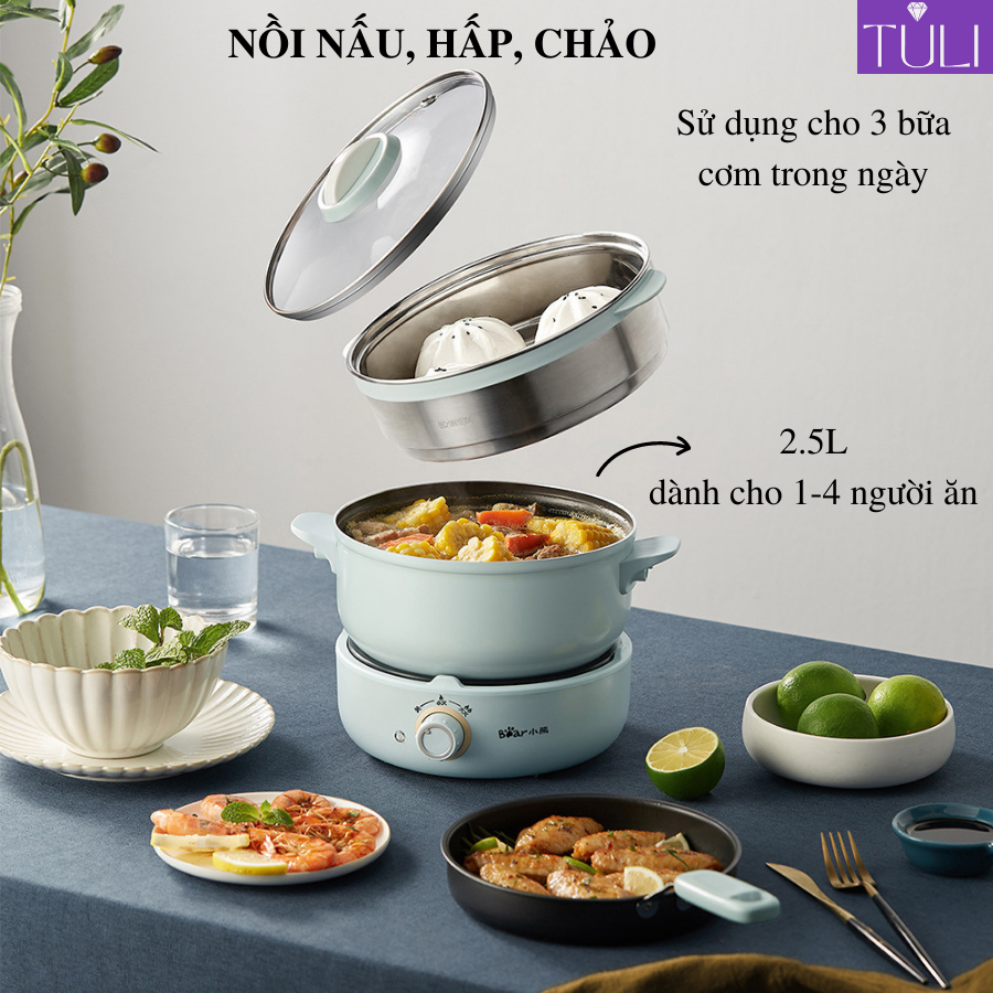 Nồi nấu lẩu điện mini, nồi hấp đa năng BEAR-B25B2 có kèm theo chảo, nấu
