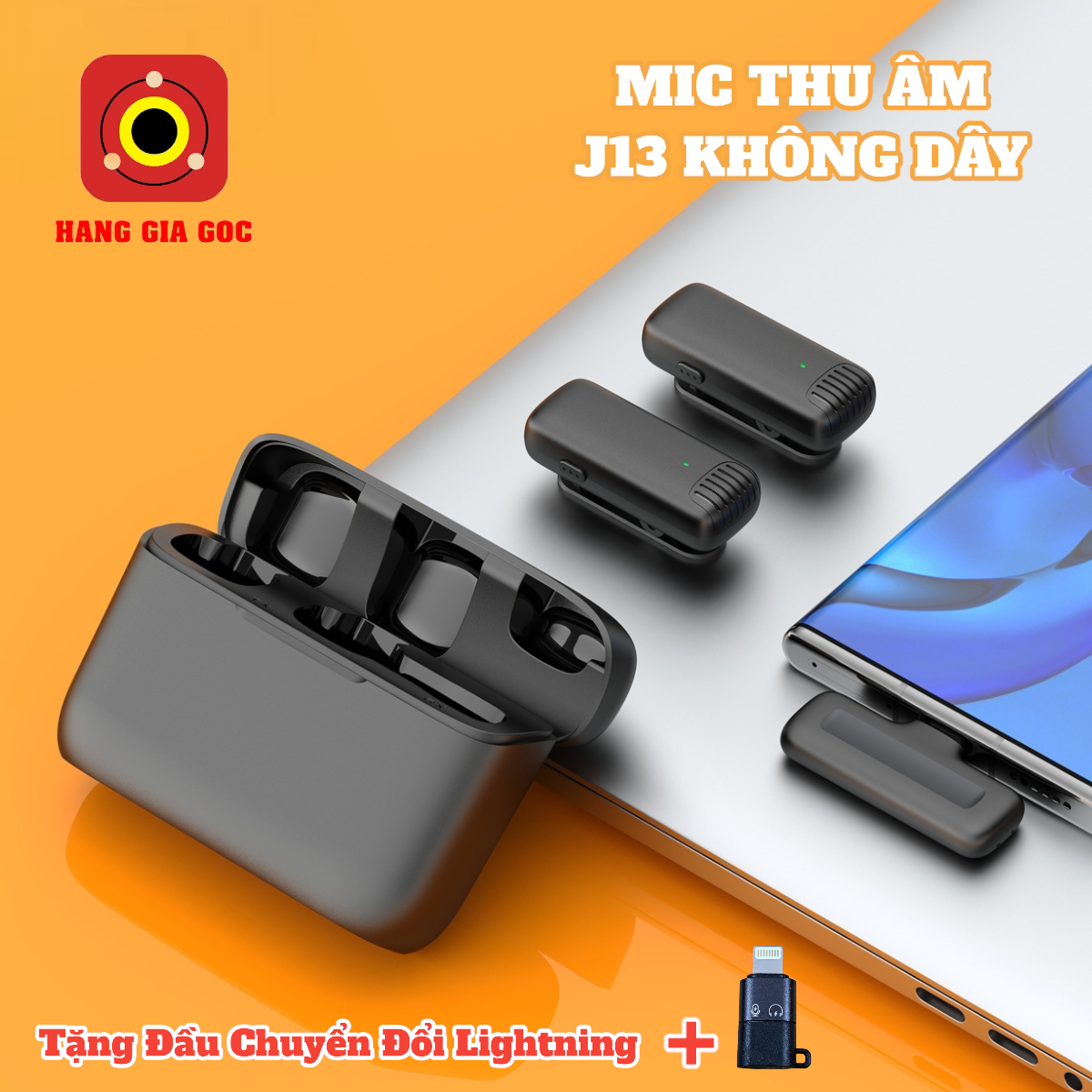 Mic thu âm không dây j13 mẫu mới lọc tiếng ồn, kết nối xa, 2 mic đầu thu type-c, tặng thêm đầu chuyển đổi lightning