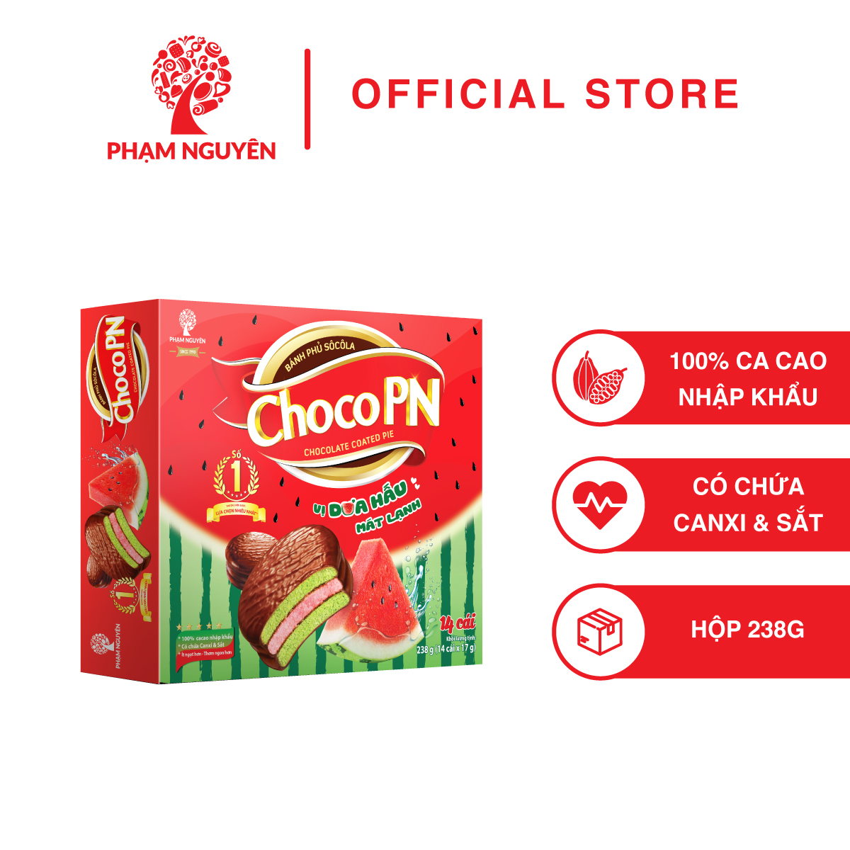 Bánh phủ sôcôla Choco PN dưa hấu hộp 238g Phạm Nguyên - bánh kẹo Phạm Nguyên