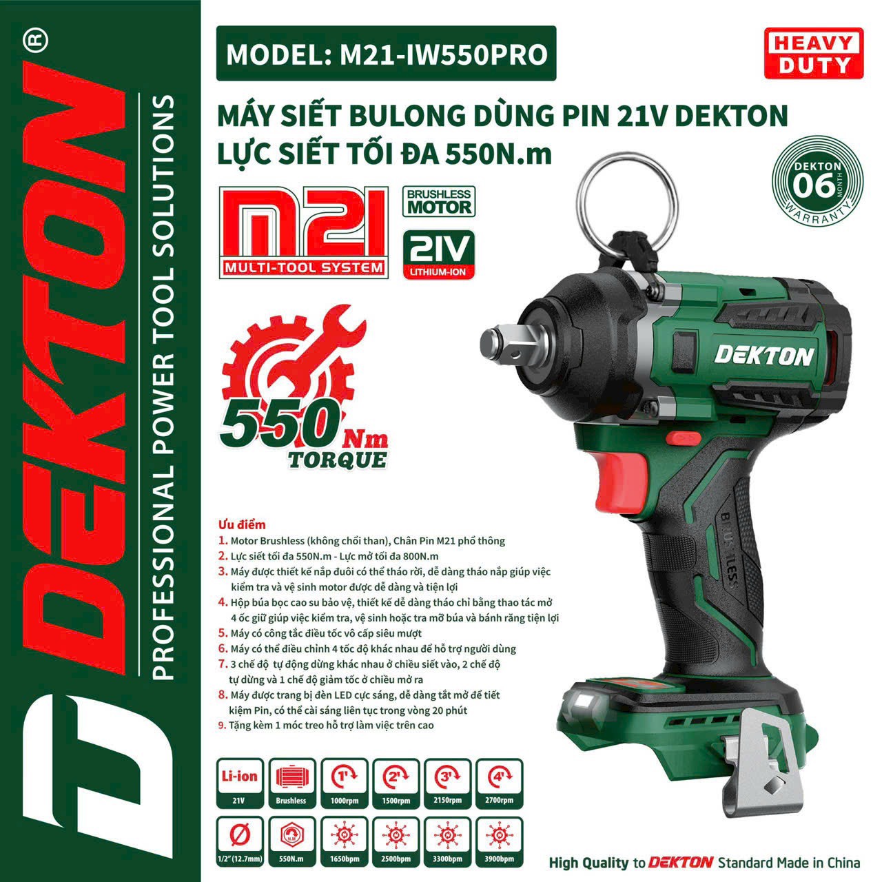  Máy Siết Bulong Dekton M21-IW550PRO Màu Xanh  Brushless   Chân Pin Makita Phổ Thông   4 Cấp Tốc Độ 