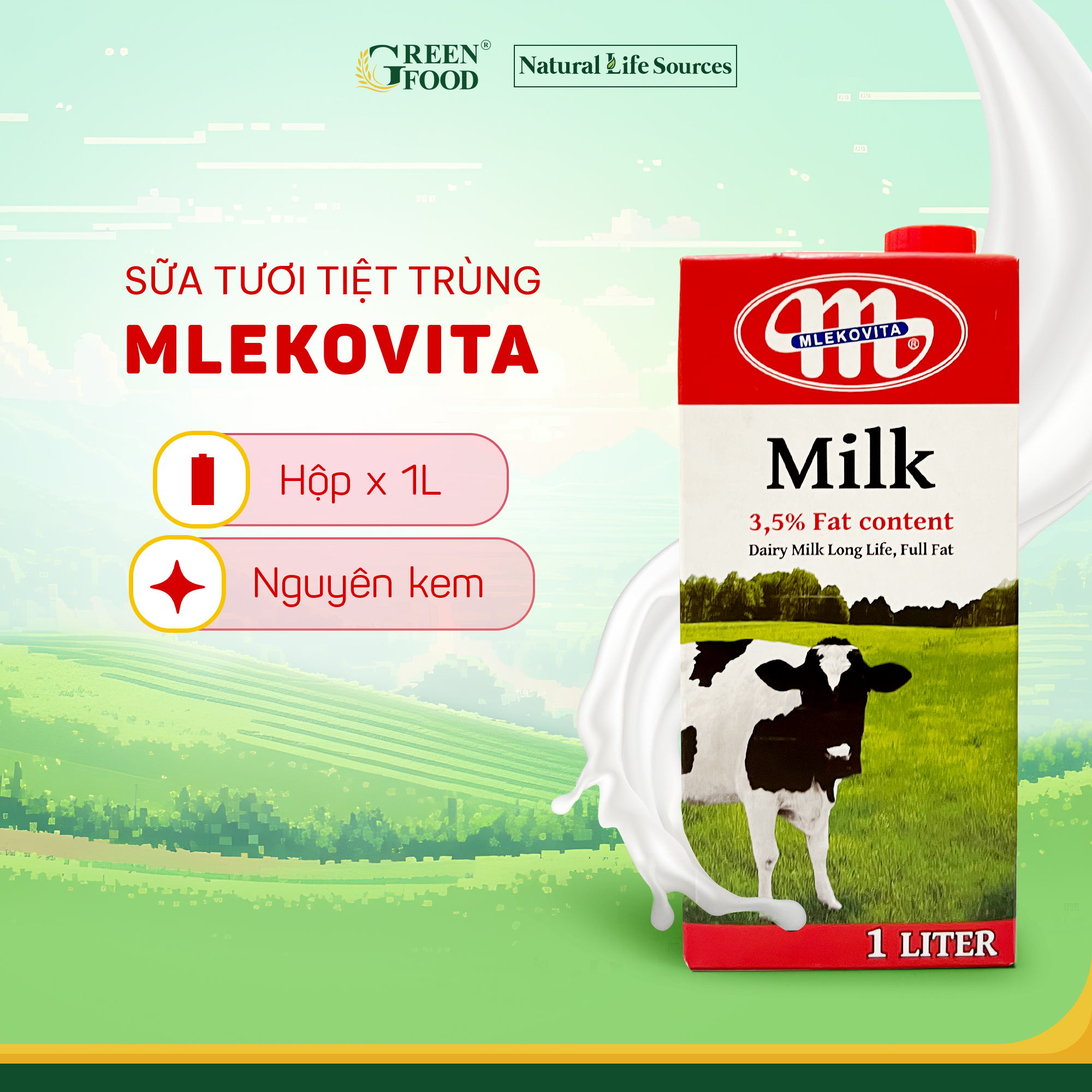 Sữa Tươi Tiệt Trùng Mlekovita Nguyên Kem Không Đường 1L - Độ béo 3.5%, phù hợp với trẻ em trên 1 tuổi, nhập khẩu trực tiếp từ Ba Lan
