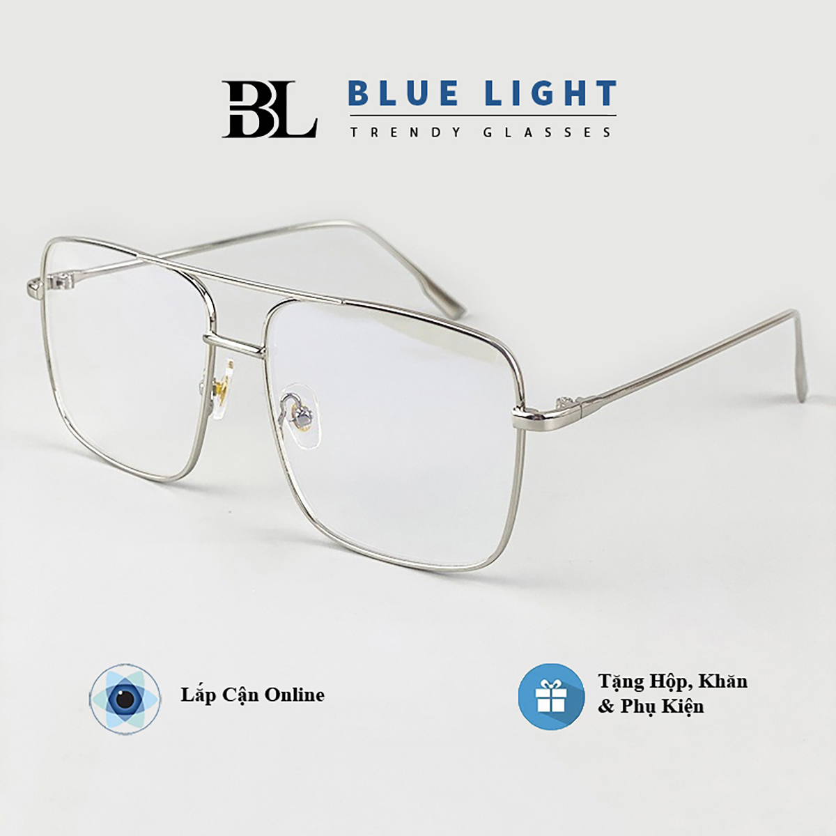 Gọng Kính Cận Kính Giả Cận Nam Nữ Mắt Vuông Khung Ngang Gọng Bạc Hàn Quốc - BLUE LGHT