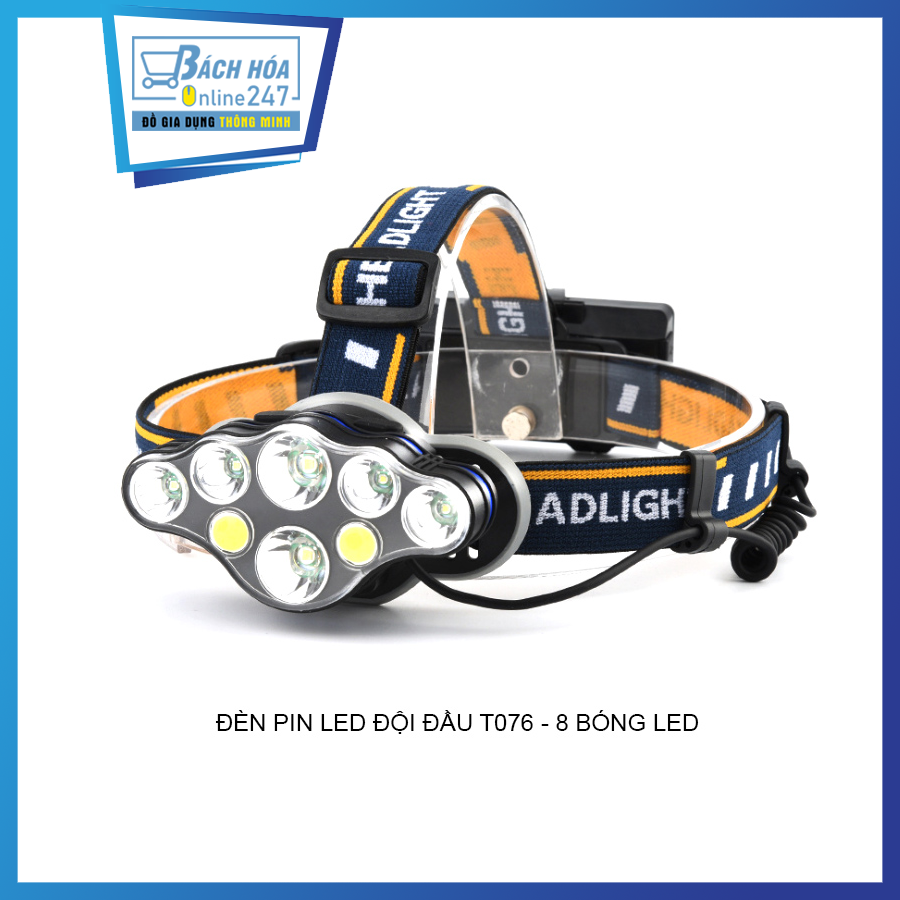 Đèn Pin Đội Đầu 8 Bóng Siêu Sáng T076 Kèm 2 Pin Sạc