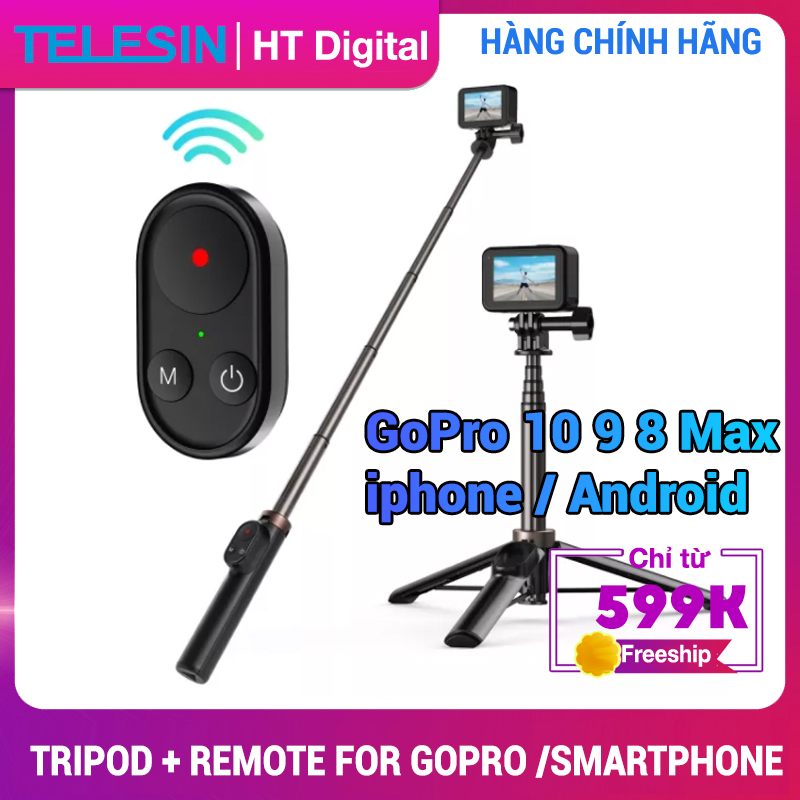 Gậy tự sướng kiêm Tripod TELESIN TE-RCSS-001 Kèm Điều Khiển Từ Xa 72M Cho GoPro Hero 12/11/10/9/8/Max , điên thoại iPhone 15/14/13/12, điện thoại Android