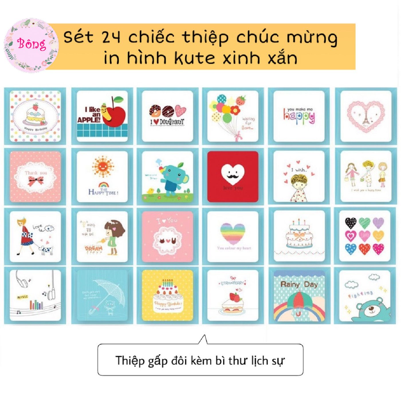 Sét 24 chiếc thiệp chúc mừng in hình kute xinh xắn