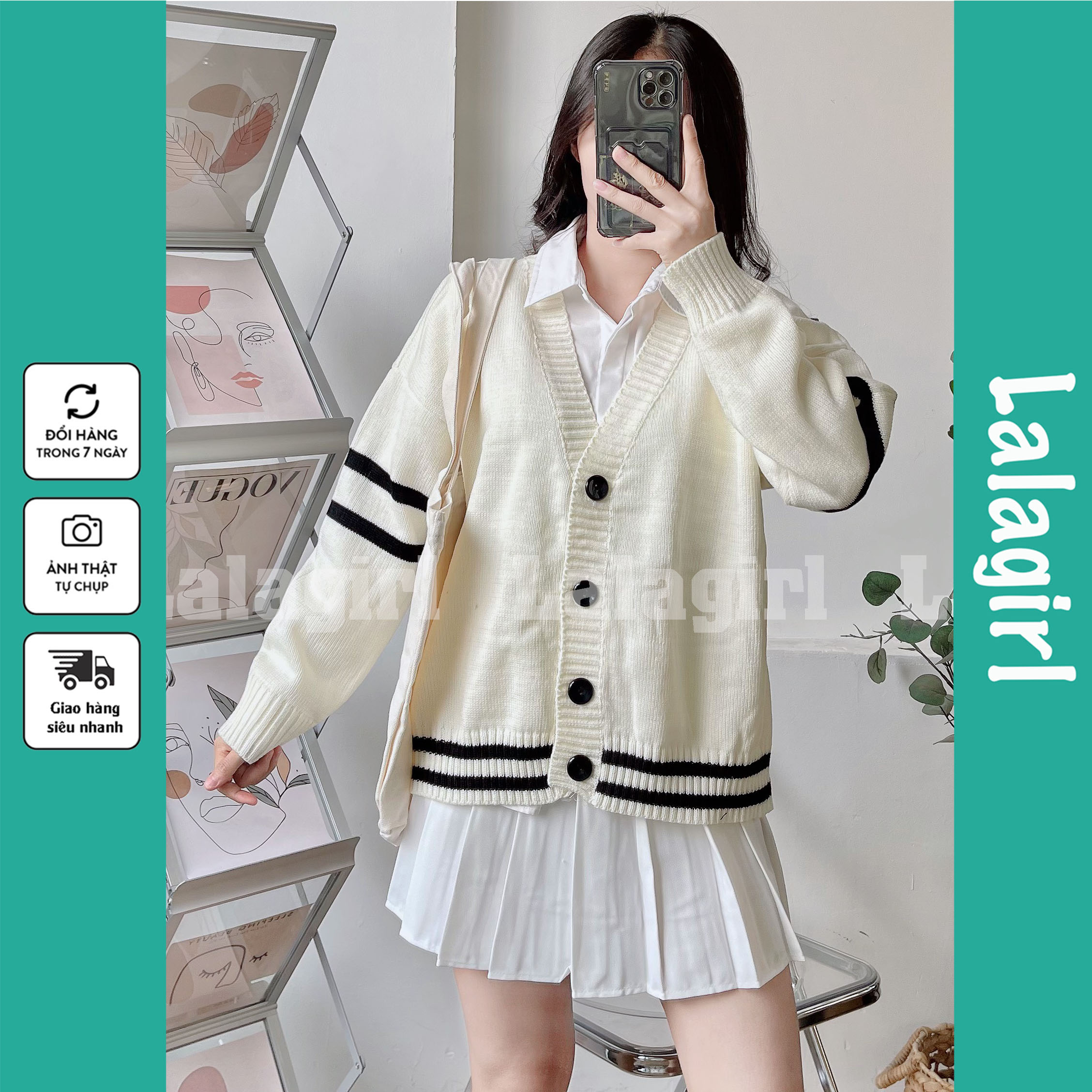 Áo khoác cardigan len sọc tay nữ, cardigan len khuy to hàn quốc mặc thu đông