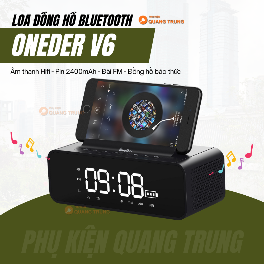 Loa bluetooth Oneder V6, kiêm đồng hồ báo thức, đài FM, pin 2400mAh, bảo hành 1 tháng