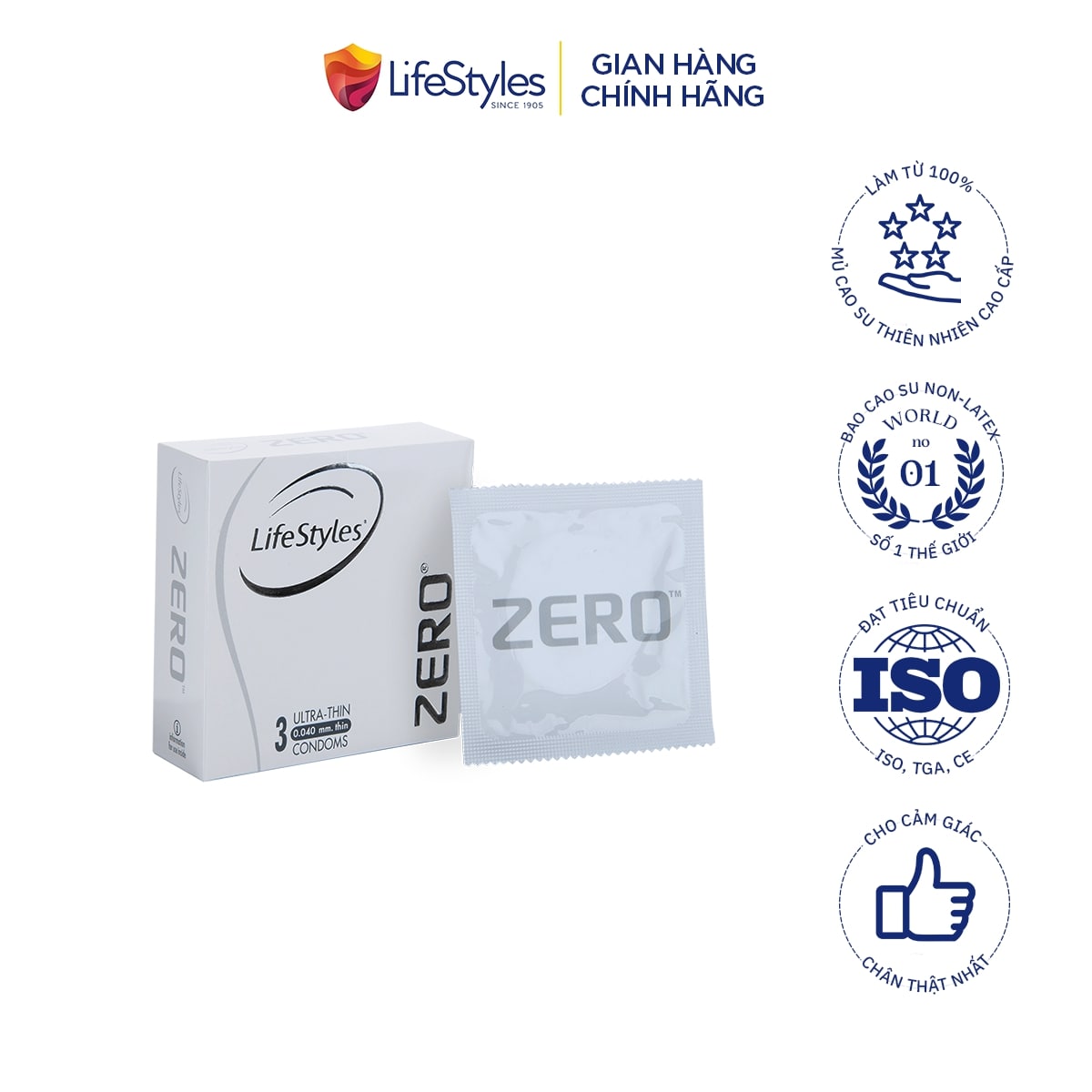 Hộp 3 Cái Bao cao su LifeStyles Zero siêu mỏng cao cấp, bao cao su nam ôm sát truyền nhiệt tốt cảm giác chân thật