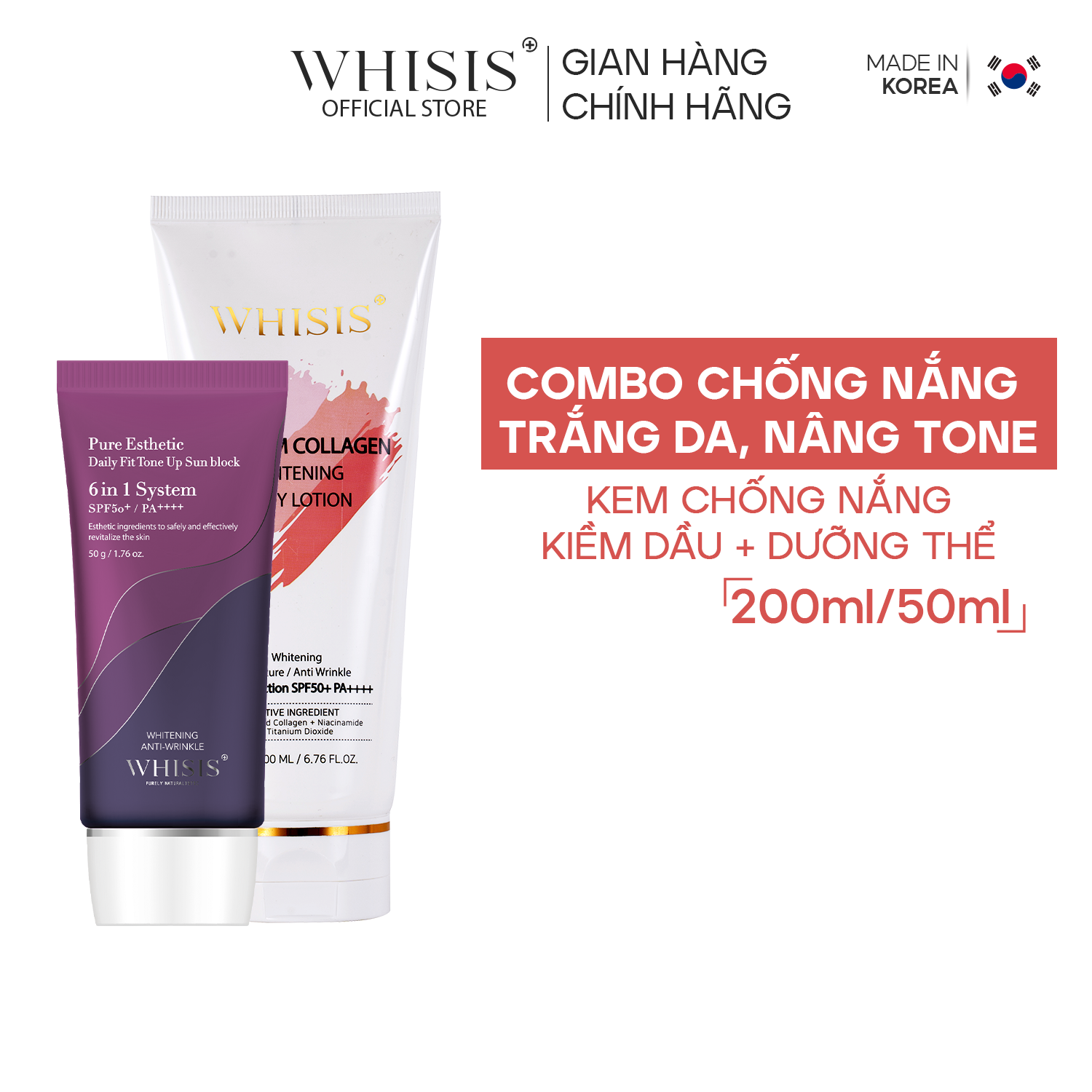 Bộ đôi kem chống nắng nâng tone hàn quốc cao cấp face & body whisis hàng ngày dành cho mọi loại da