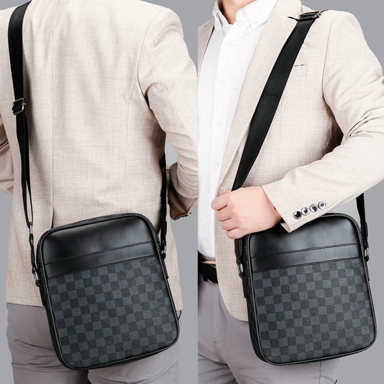 Túi đeo chéo nam da  chống nước siêu ngầu kiểu đứng caro xanh KL3 Shalla