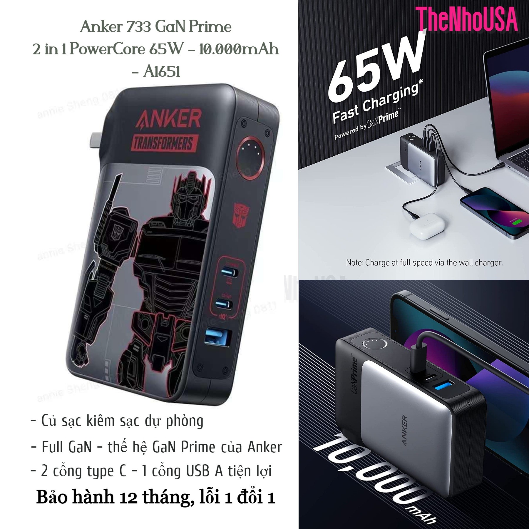 Pin sạc dự phòng 2 in 1 anker 733 gan prime powercore 65w - 10.000mah - a1651