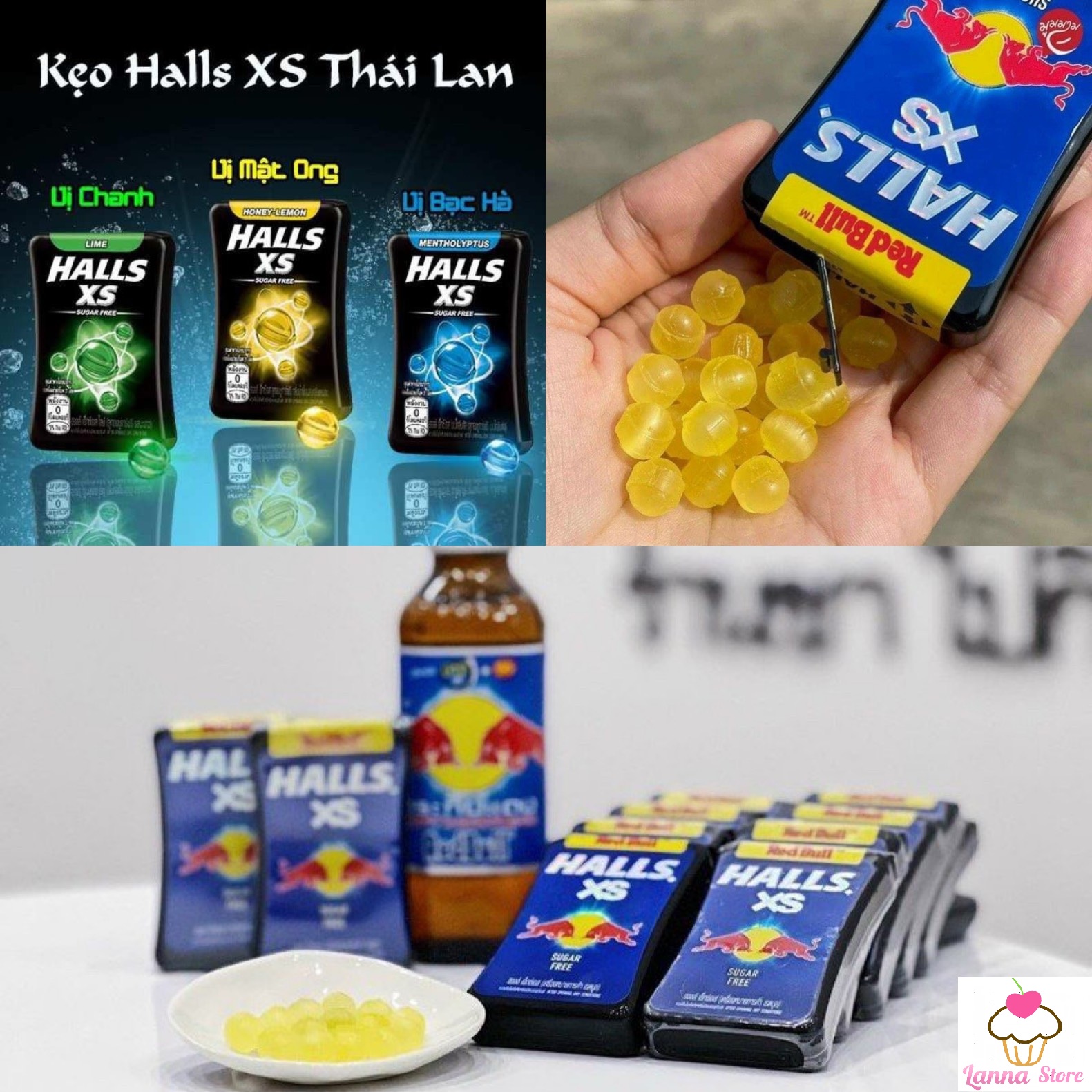 Kẹo ngậm không đường halls xs vị redbull / bạc hà / chanh / chanh mật ong hộp 15gr - thái lan