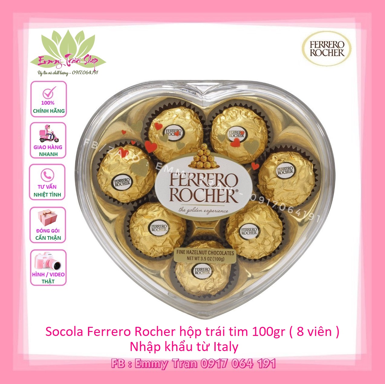 Kẹo Socola FERRERO ROCHER CHOCOLATE 100g (8 Viên) Hộp Hình Trái Tim- Nhập Khẩu Từ Italy ( Emmy Tran Shop )