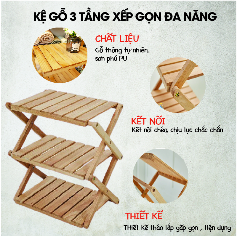 Kệ gỗ 3 tầng đa năng xếp gọn - Thương hiệu Vietcamp - Kích thước 6063
