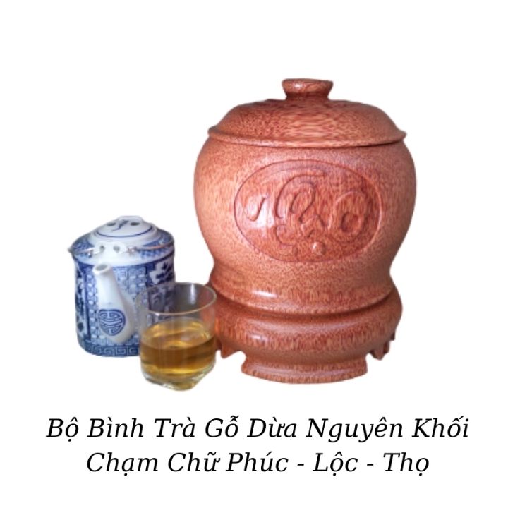 Bộ vỏ bình trà gỗ dừa nguyên khối chạm thủ công 3 mặt "phúc - lộc - thọ