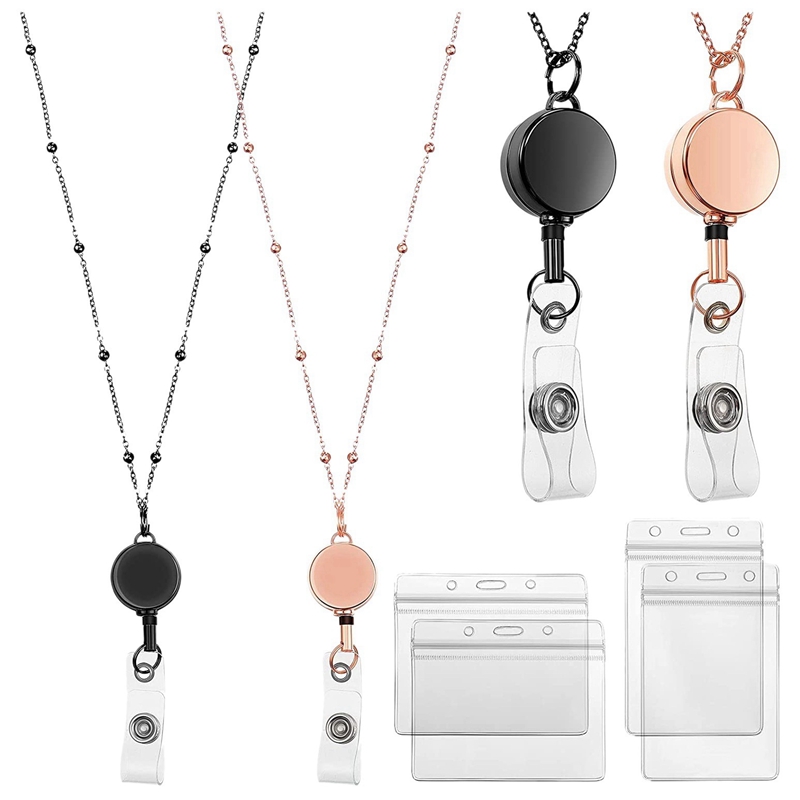 2 Pcs Retractable Badge Reel Lanyard with ID Holder Necklace Lanyard Badge Clip Chain Waterproof Holder