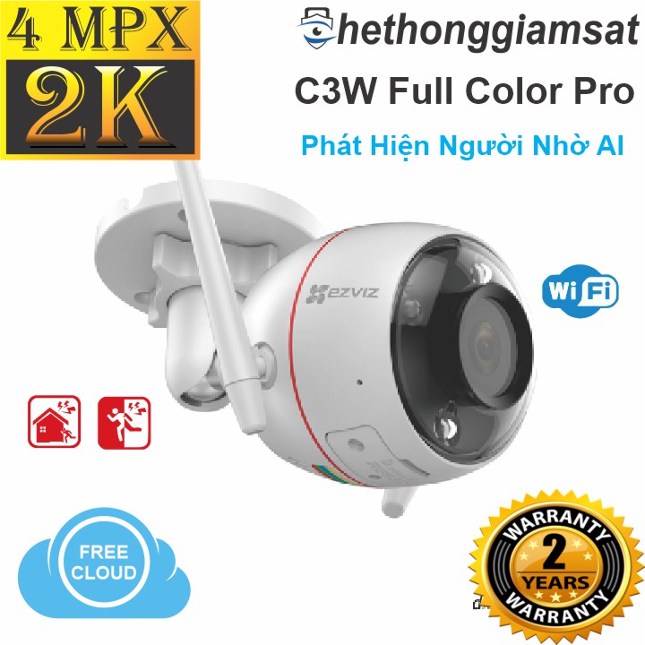Camera Wifi Ezviz C3W Full Color Pro 4Mpx - 2K - 1440P (Độ phân giải 4Mpx - 2K) Có Màu Bang Đêm, Camera Wifi Ezviz Chính Hãng, Bảo Hành 24 Tháng