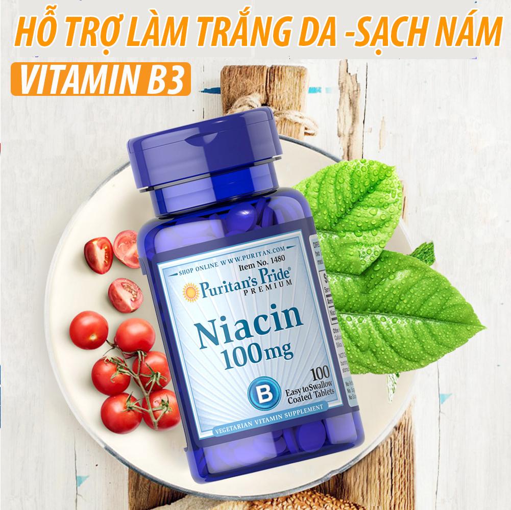Viên uống bổ sung Vitamin B3 PP giảm mụn viêm hỗ trợ ngăn ngừa nhiệt miệng, viêm da, chống lão hóa Puritan's Pride Niacin 100mg 100 viên.
